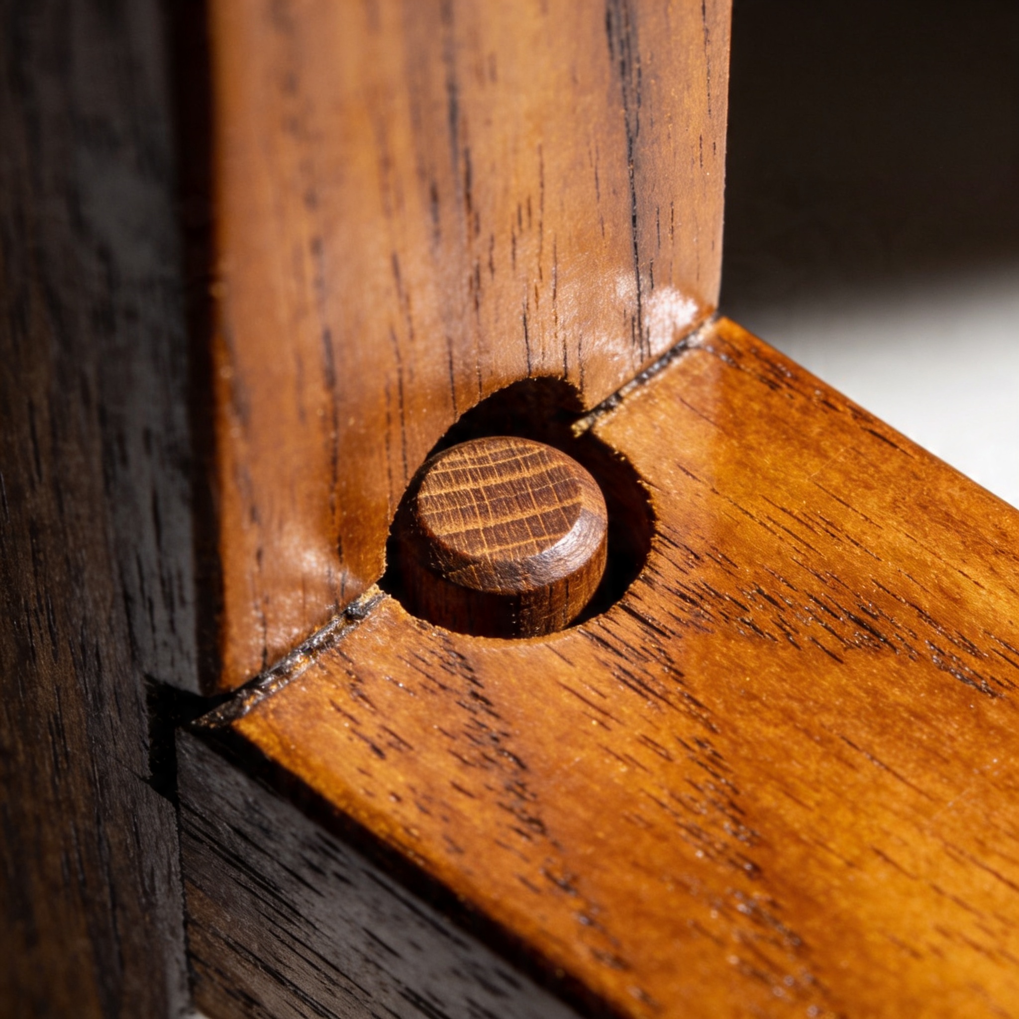 Macro of a draw-bored mortise-and-tenon joint in honey-waxed solid mango, the wooden peg flush with the surface.