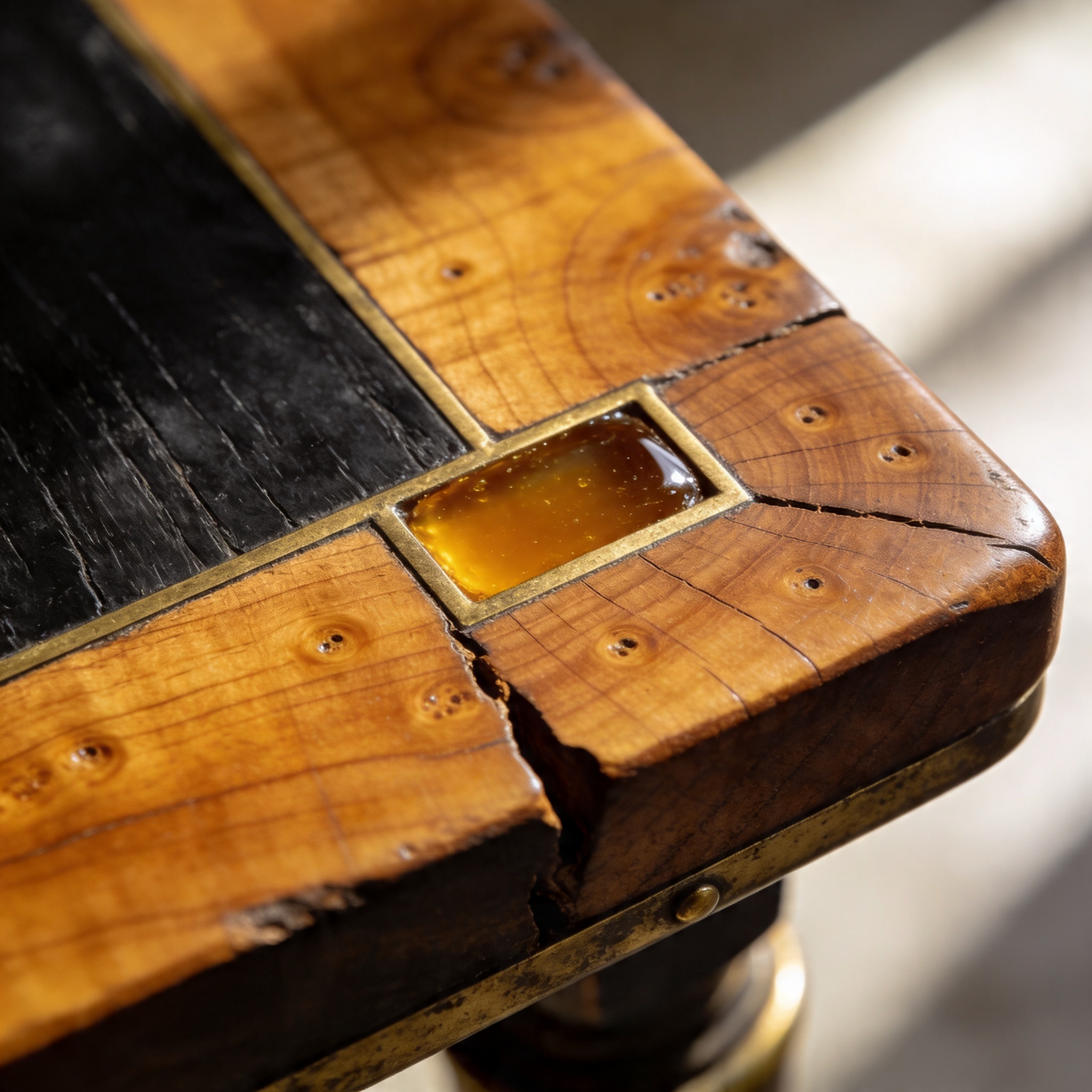 Extreme macro of solid mango-wood end-grain with a natural split filled with amber honey wax.