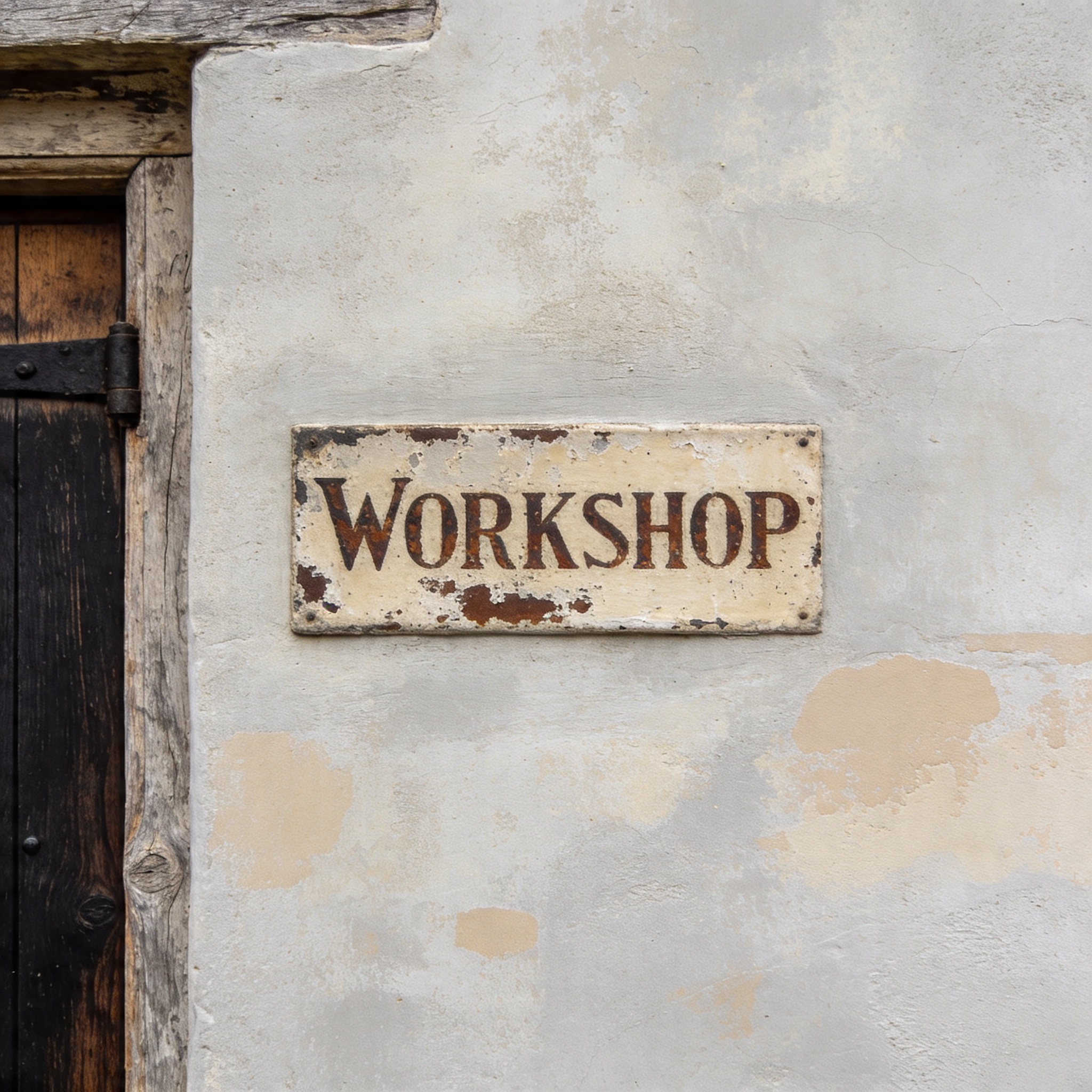 Close-up of a weathered hand-painted workshop sign on a lime-washed plaster wall.