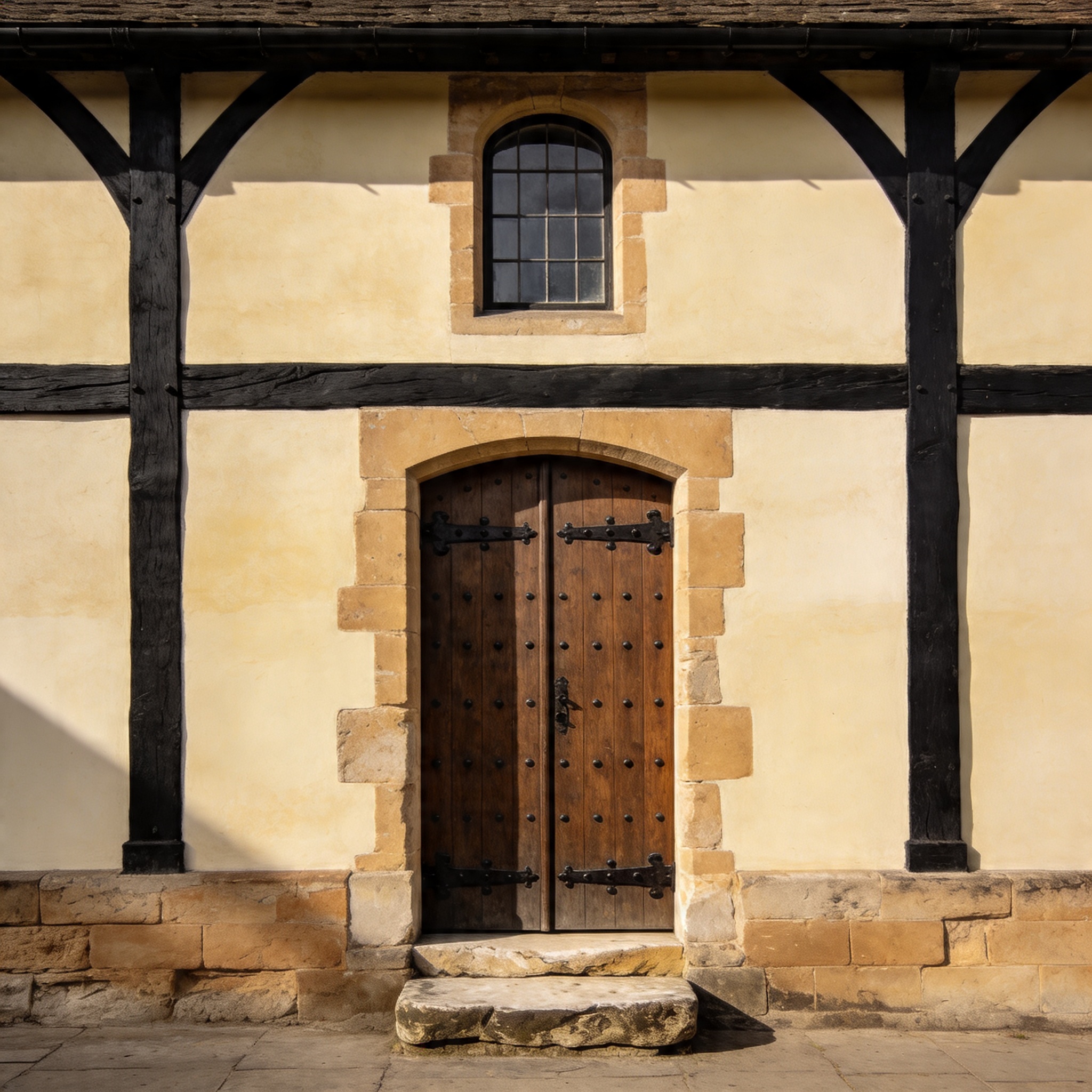 Wide architectural photograph of a stone workshop facade at mid-morning.