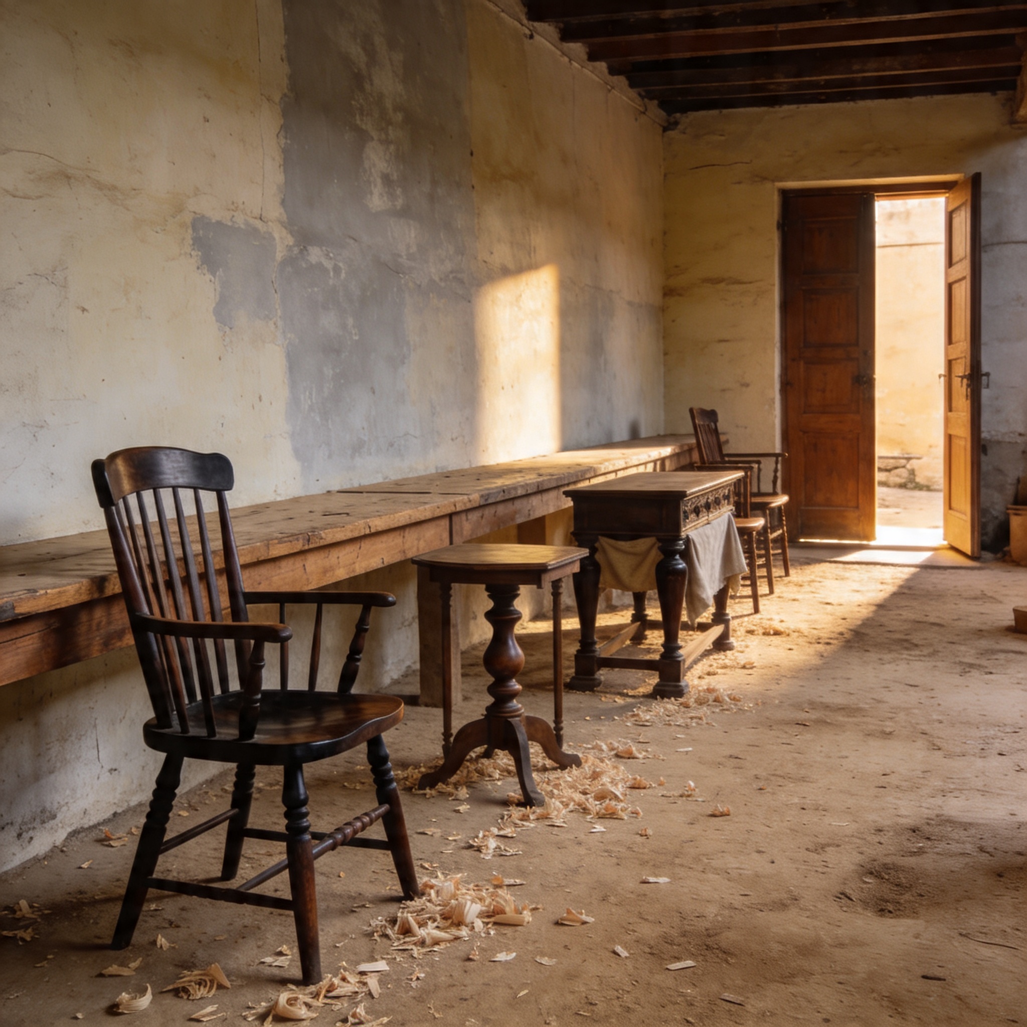 Wide documentary photograph of a Saharanpur workshop courtyard at 4pm — earthen floor, bronze padlock on a cracked door, Devanagari signage on a lime-washed wall, wood shavings, a workbench with tools, a single shaft of dusty sunlight.