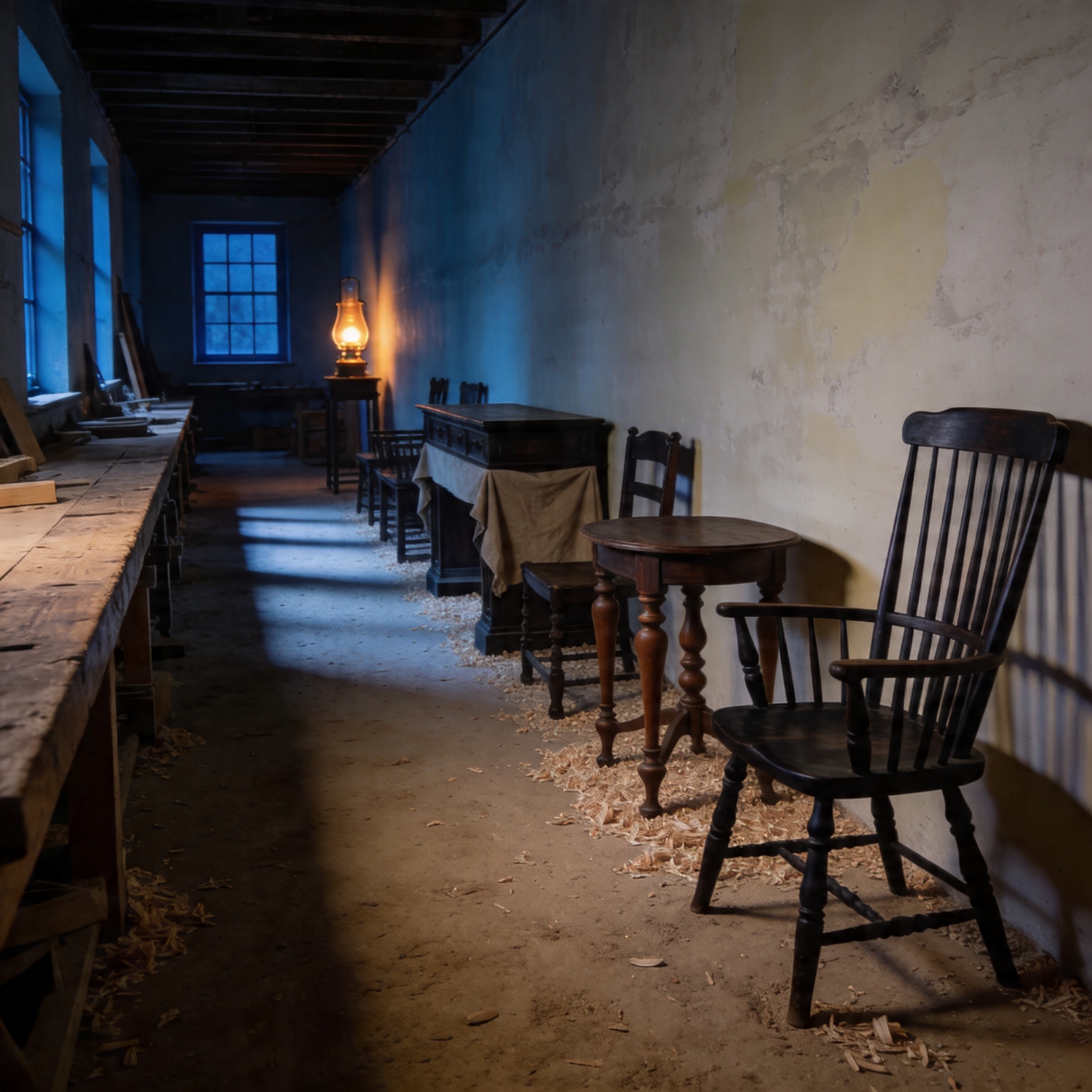 Long horizontal photograph of a Saharanpur workshop at dusk — earthen floor, wooden benches, a single warm oil lamp far away, blue-grey window light across wood shavings.
