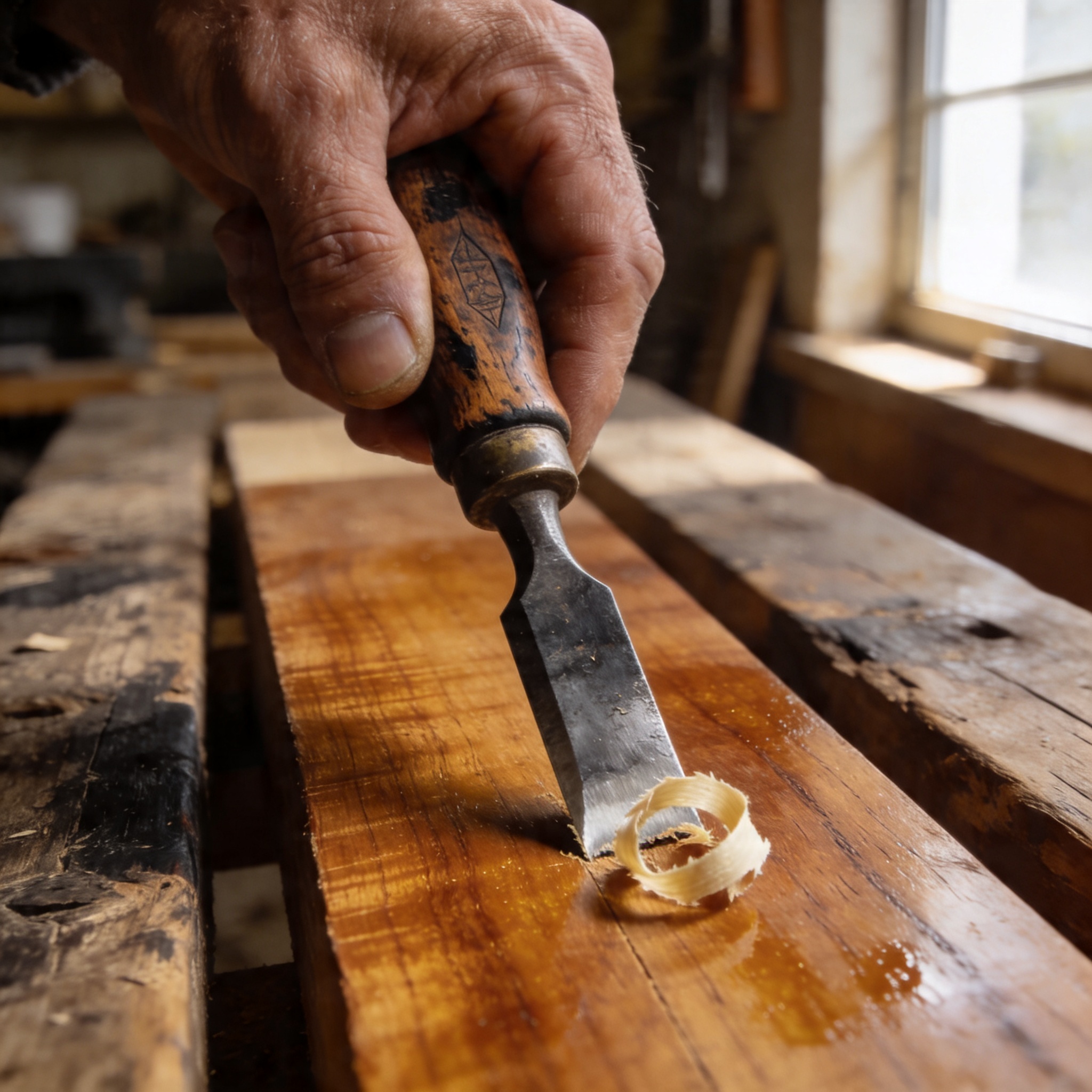 Documentary macro of a calloused Indian hand gripping a 40-year-old wooden-handled chisel mid-cut into haveli teak with a pale shaving curling off the steel edge.