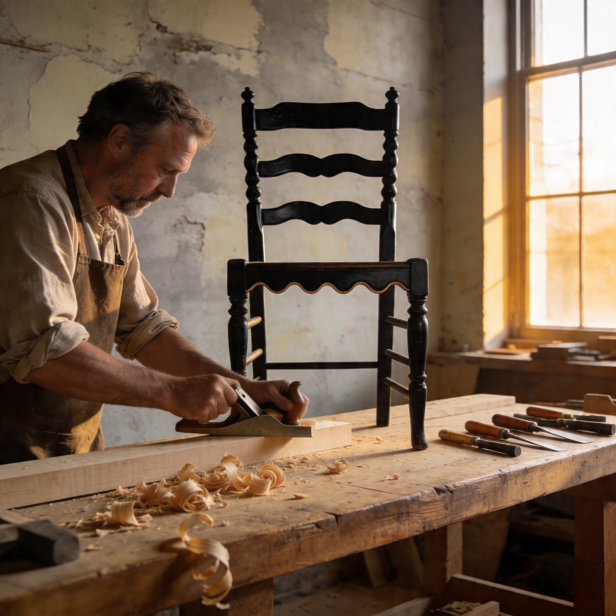 Documentary photograph of Ramesh Kumar at a Saharanpur workbench at 4pm, sleeves rolled, shaping the apron of a scalloped-back chair with a spokeshave, face turned partly into the workshop side-light.