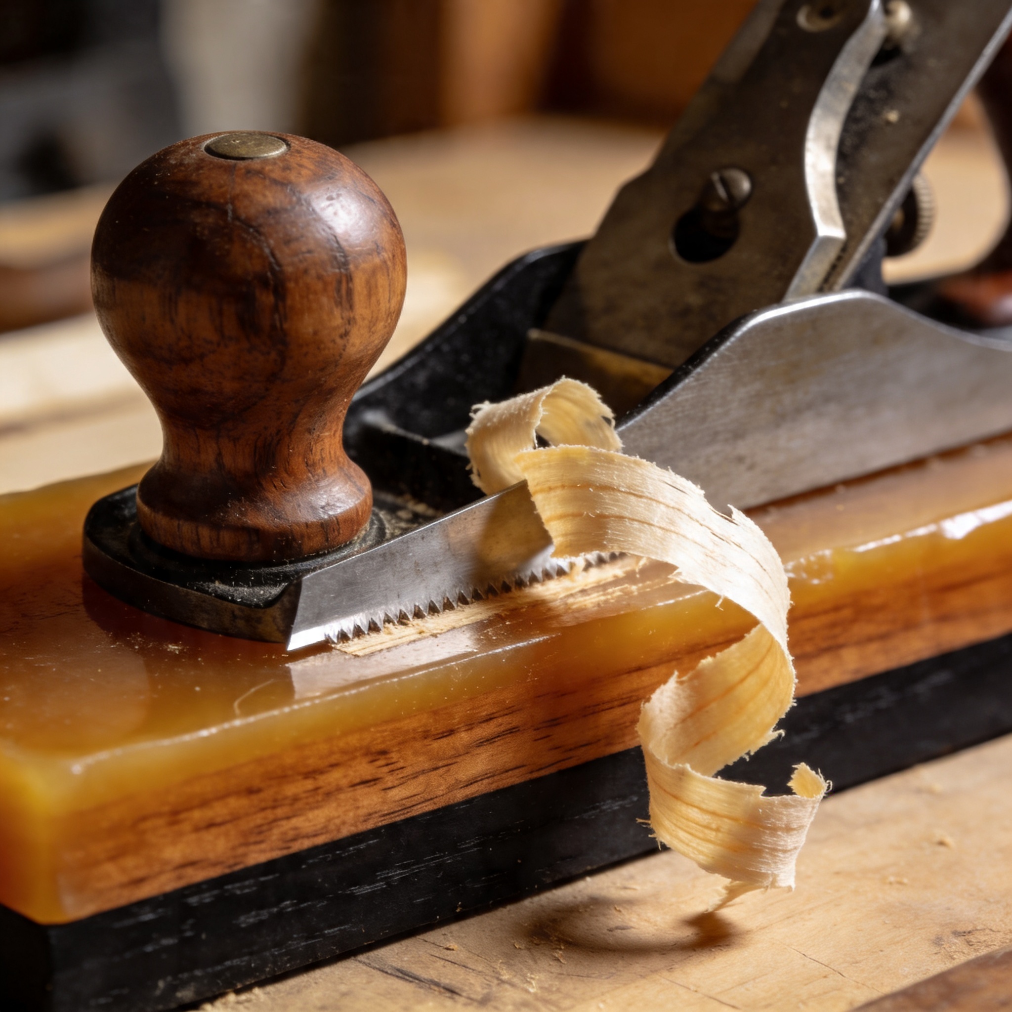 Extreme macro of a spokeshave blade pulling a fresh pale shaving from honey-waxed mango wood in raking workshop side-light.