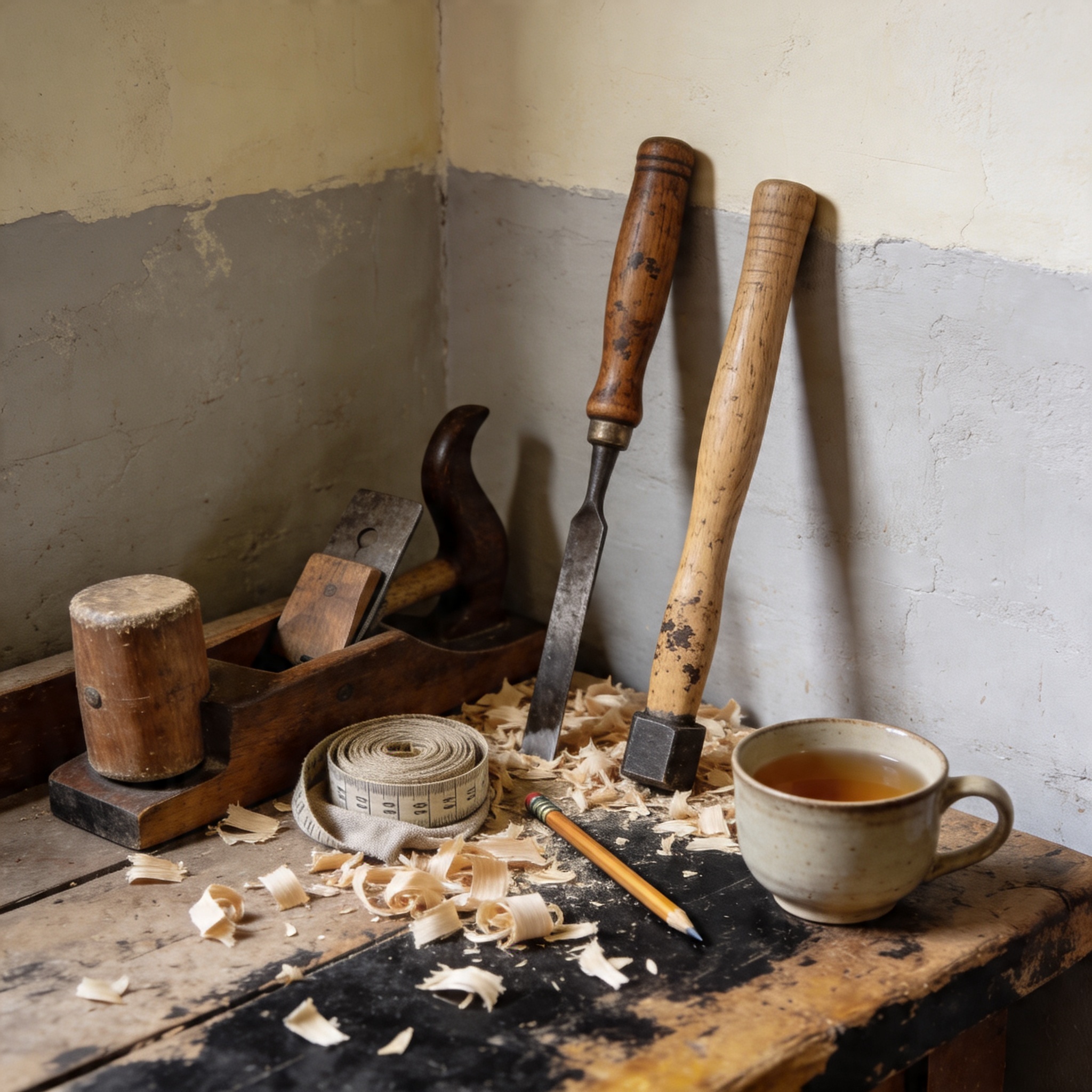 Still life of a Saharanpur workbench corner — spokeshave, wooden maul, gouge, rolled measuring tape, a cold steel cup of chai, wood shavings.