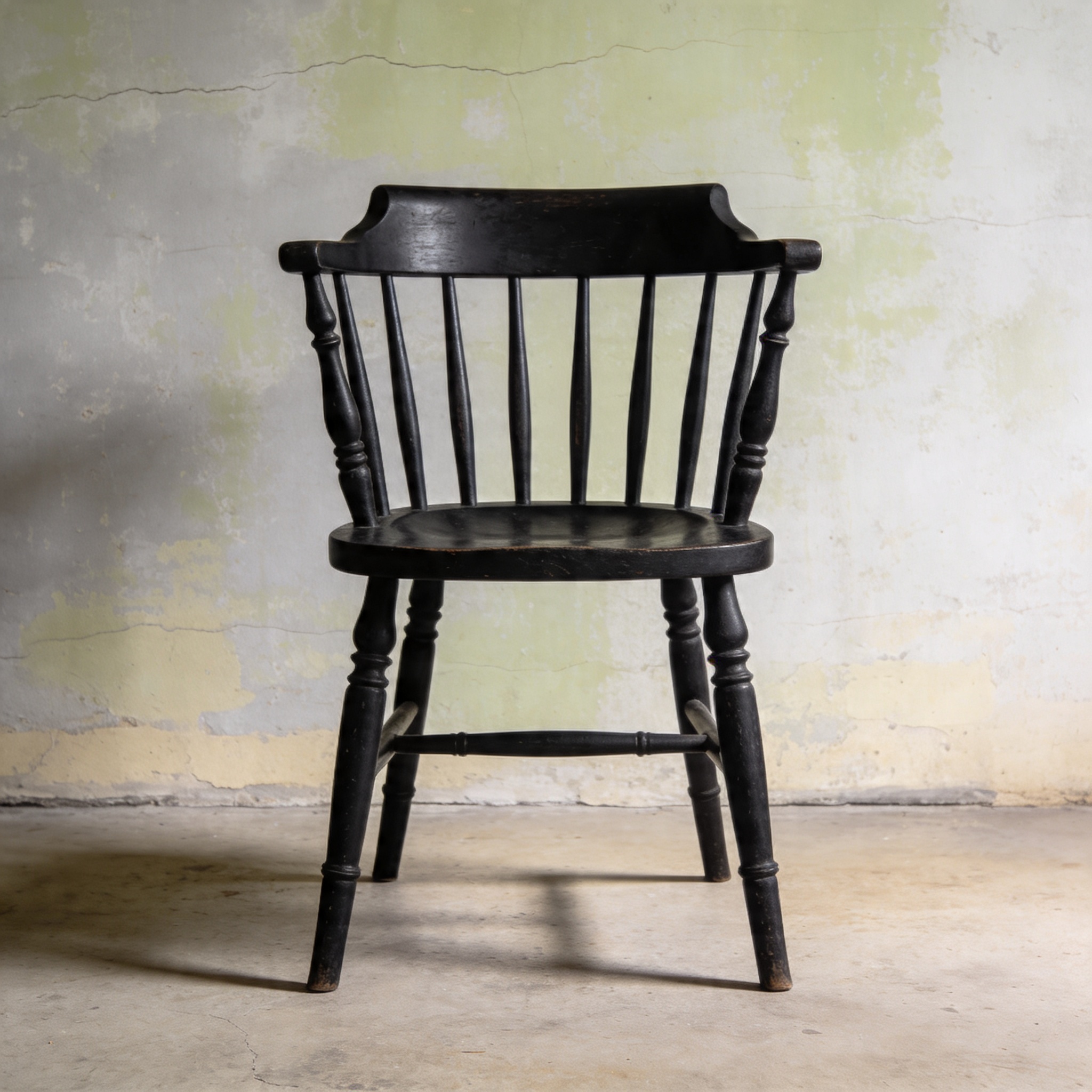 The Tarang chair photographed in a slightly wider frame against a lime-washed plaster wall with a faint hairline crack, a folded khadi cotton cloth on the concrete floor beside it.