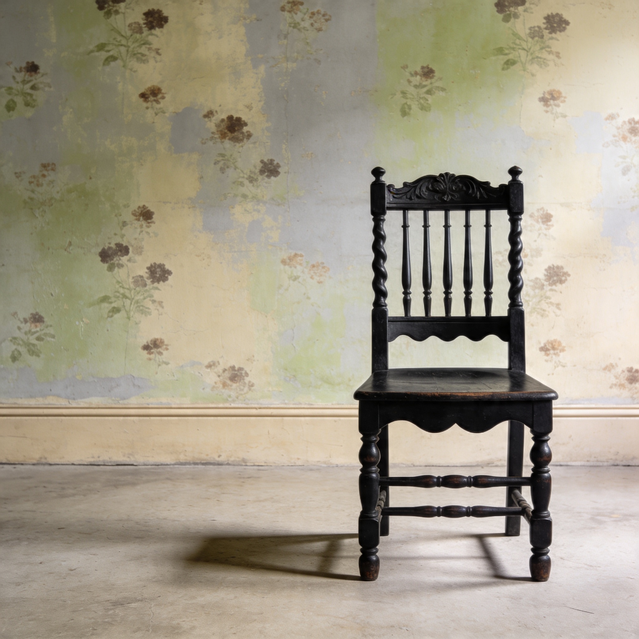 A single scalloped-back Tarang chair in honey-waxed reclaimed mango wood, standing alone in an empty lime-washed plaster room with a concrete floor, long raking shadow cast from the left by 3pm workshop side-light.