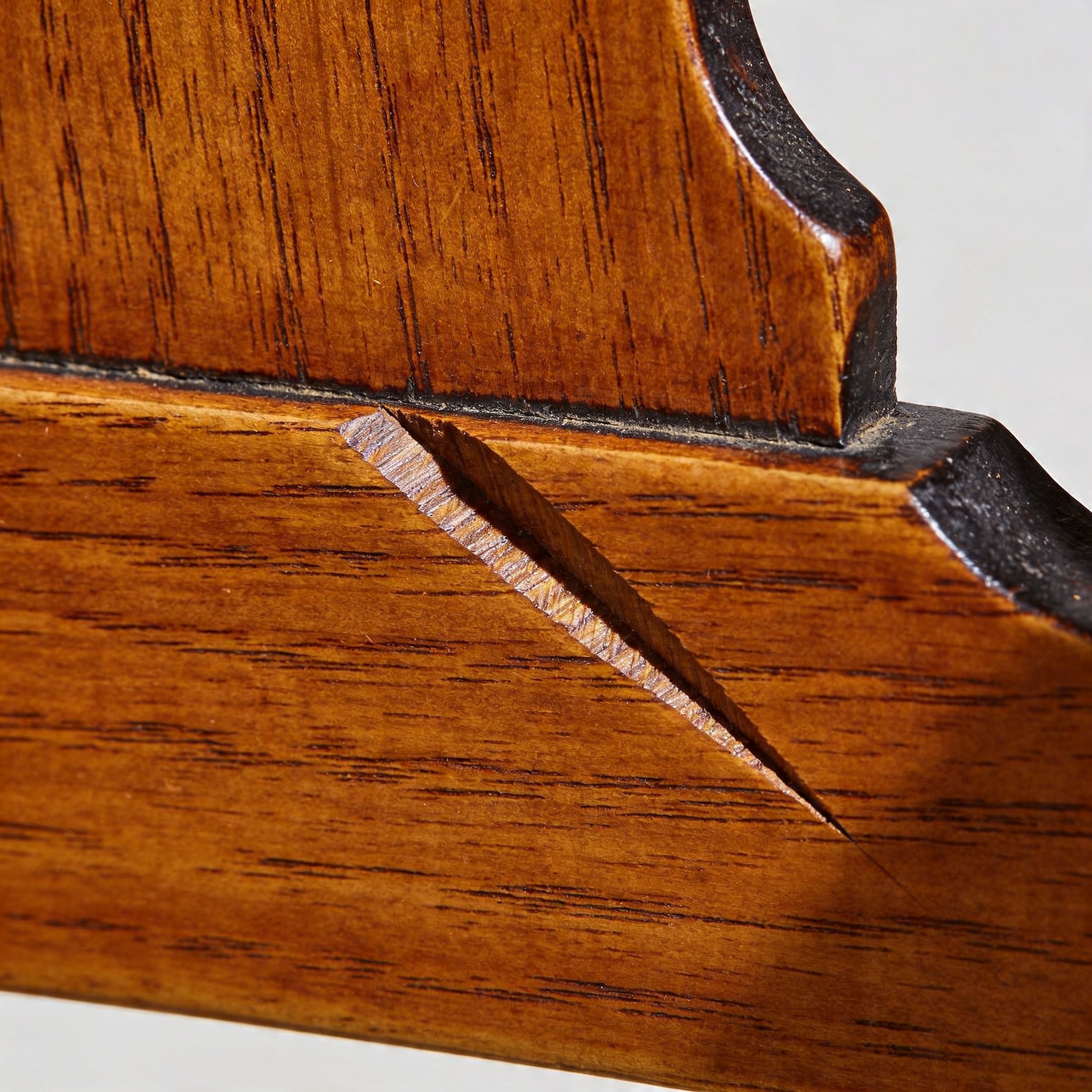 Extreme macro of a 3mm-deep chisel gouge mark on a honey-waxed spindle-back chair apron, raking light showing the exact angle of the cut.
