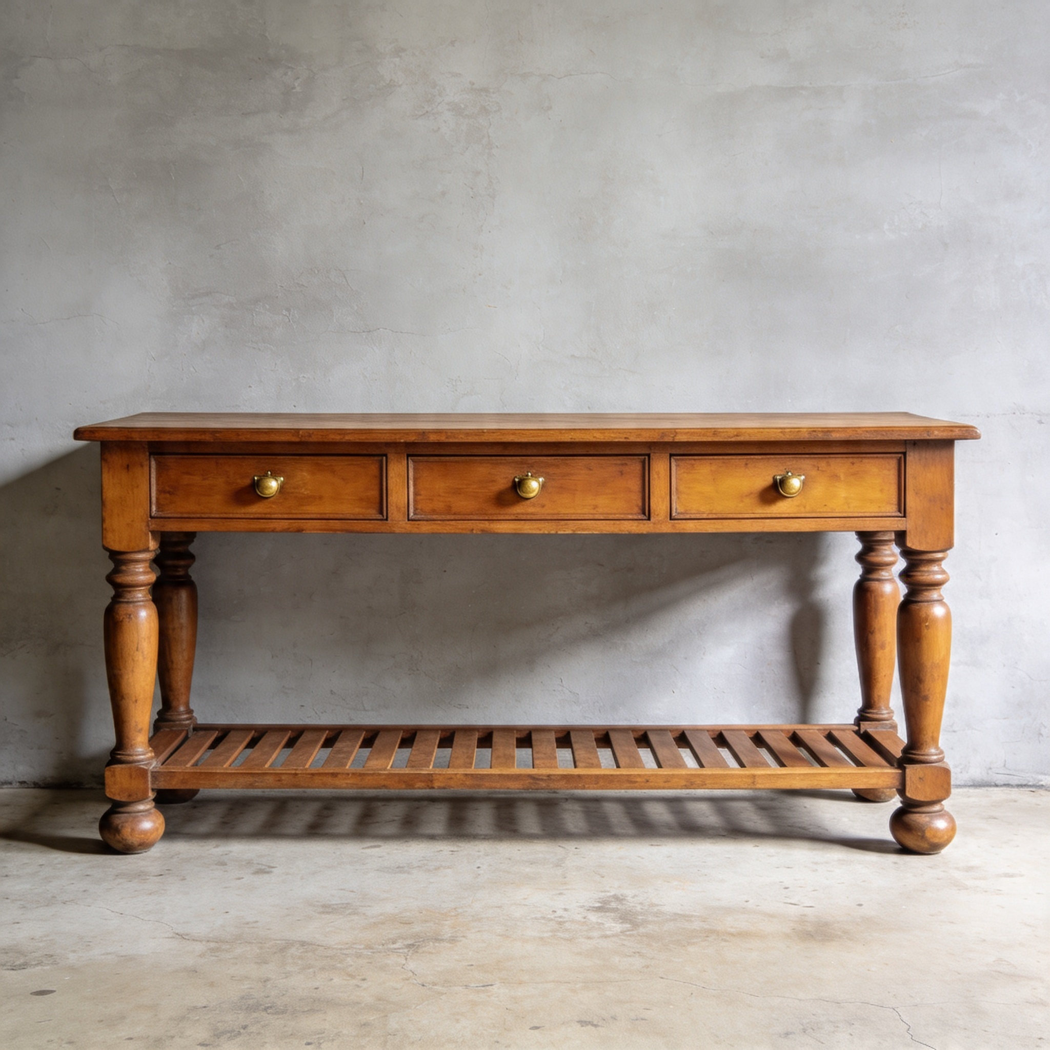 The Provincial Console — a long console table in honey-waxed solid teak with turned legs and turned-wood pulls — in a lime-washed plaster room.