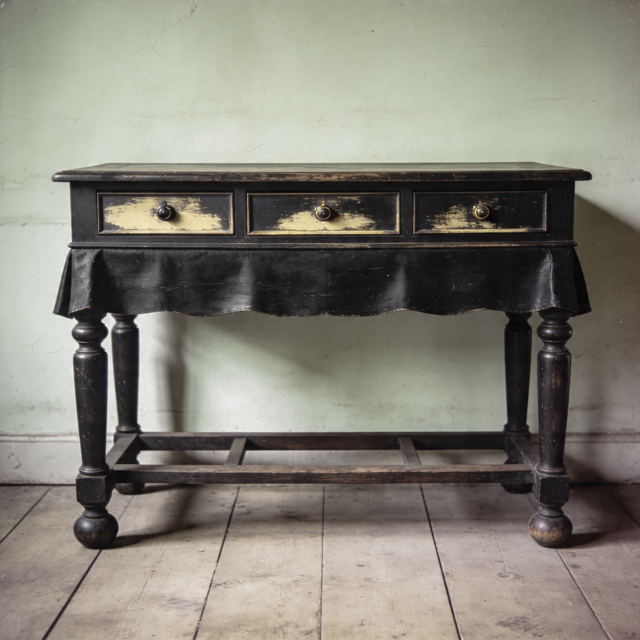 Archival cool-grey-sepia heritage photograph of an early 1900s French provincial console — turned legs, panelled front, hand-shaped apron, oak with dark wax patina.