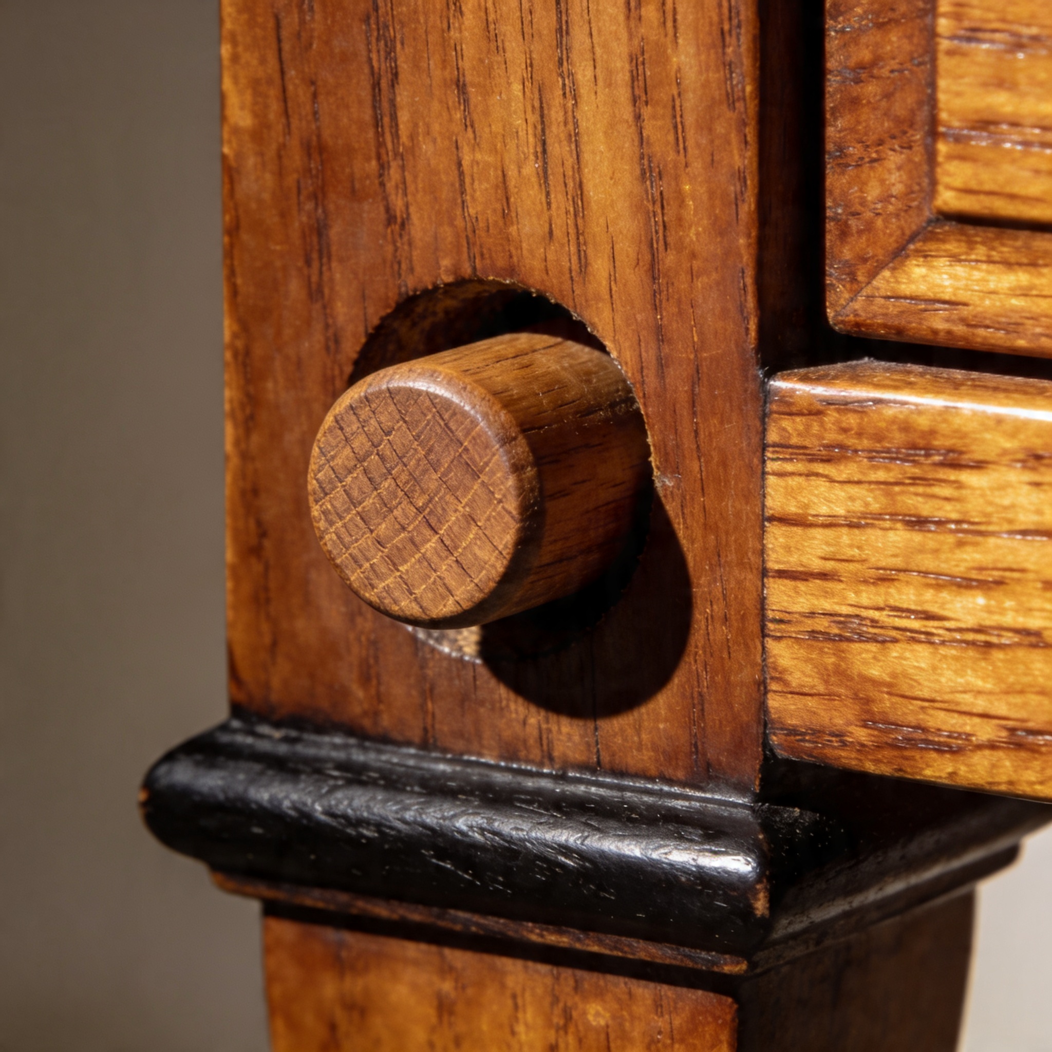 Extreme macro of a draw-bored peg in honey-waxed solid teak — round wooden dowel flush with the surface, end-grain visible.