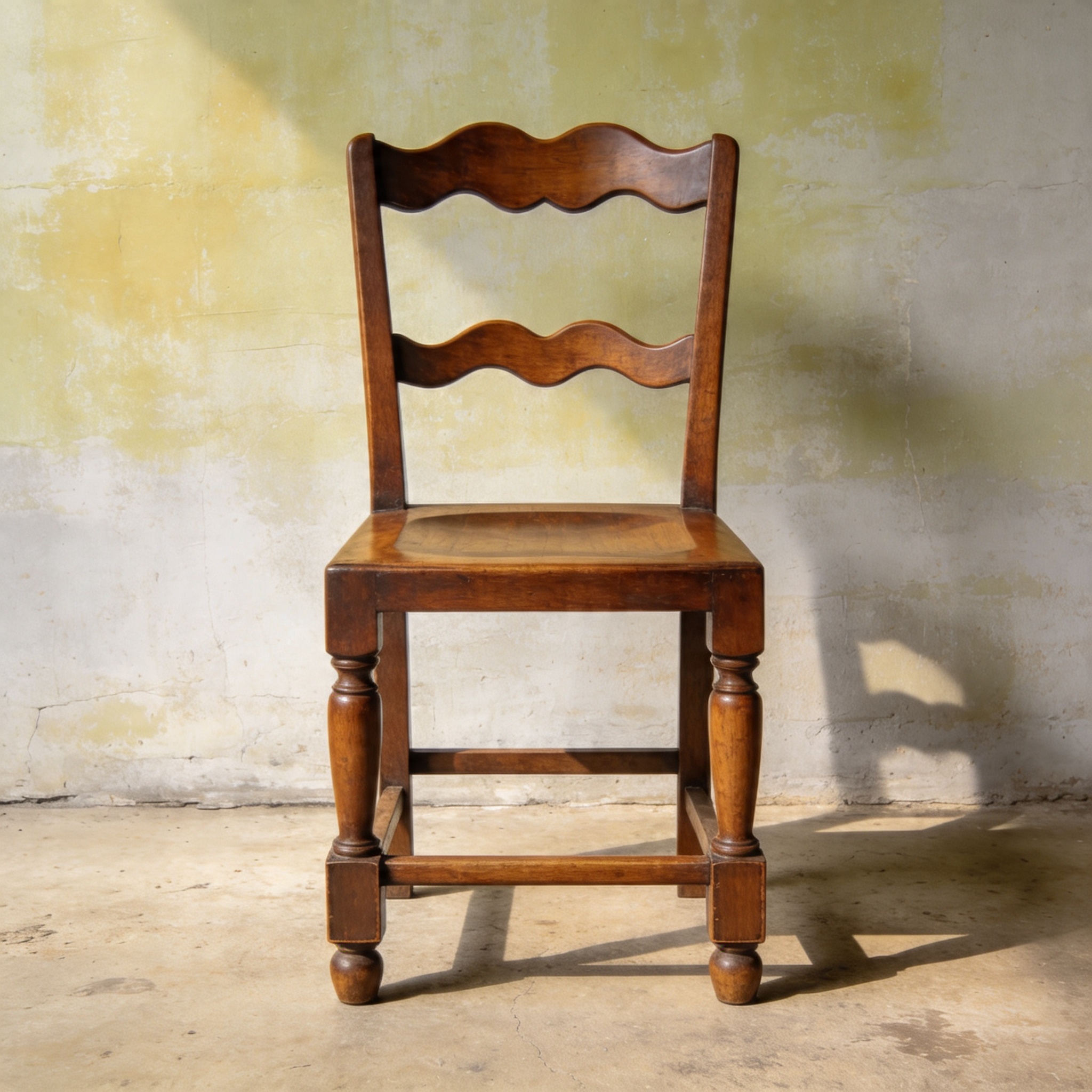 Tarang scalloped-back chair in honey-waxed mango wood, centred in an empty lime-washed room with long raking shadow.