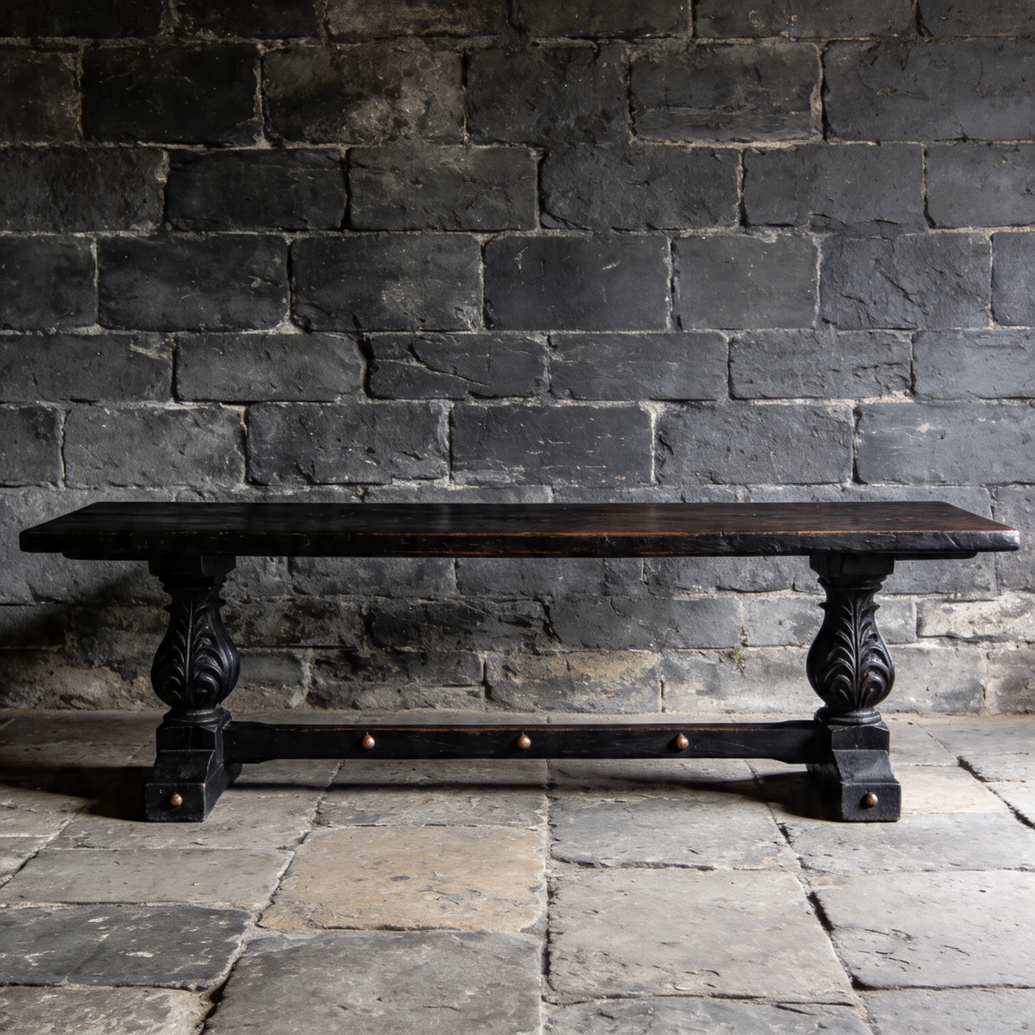 A low trestle bench in ebonised reclaimed hardwood with hand-forged iron trestle legs, alone in a lime-washed plaster room.