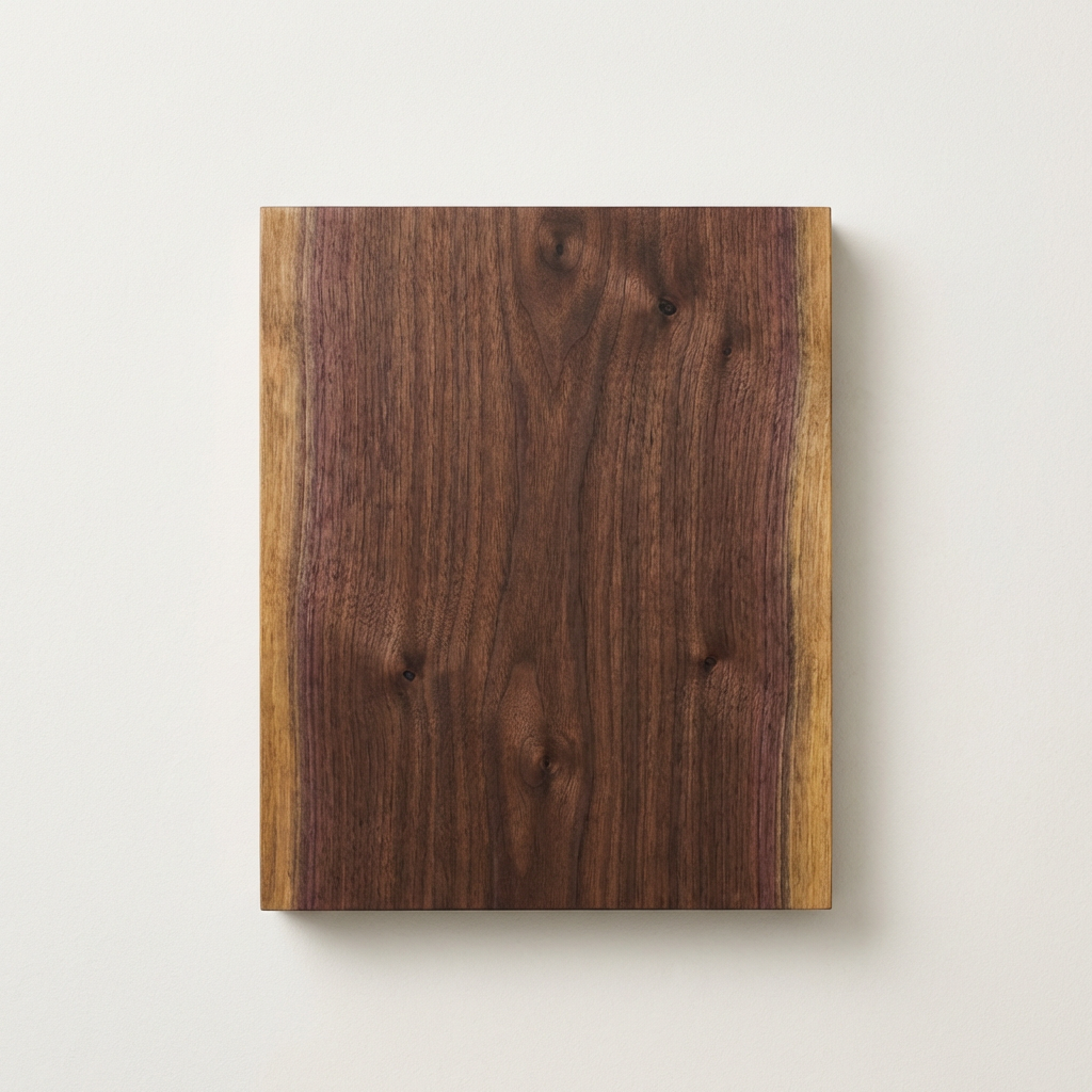 Walnut — solid oak swatch with chocolate heartwood. warm-dark editorial register. uk 7,600/mo.