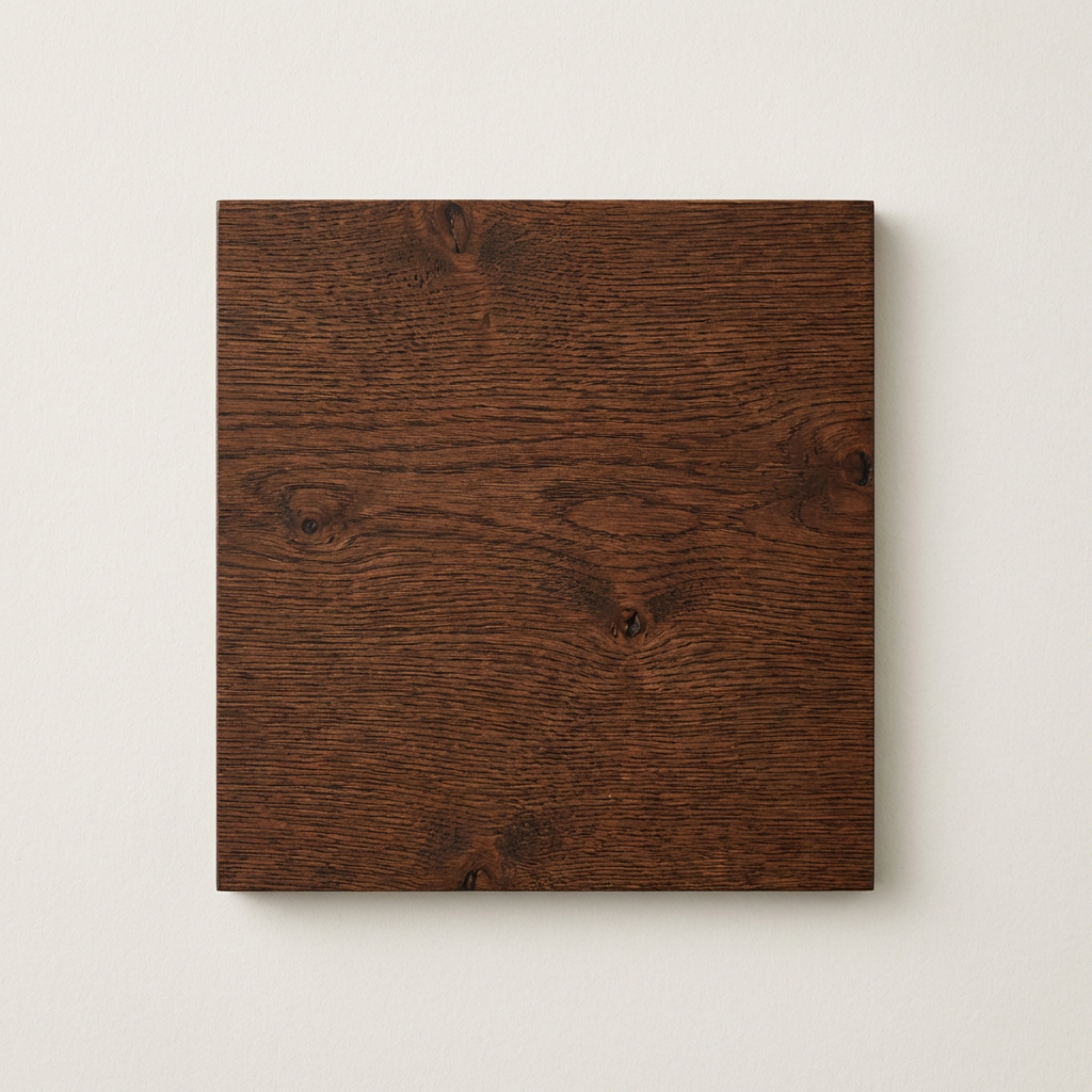 Dark Oak — solid oak swatch with tobacco brown, warm red undertone. uk 3,800/mo.