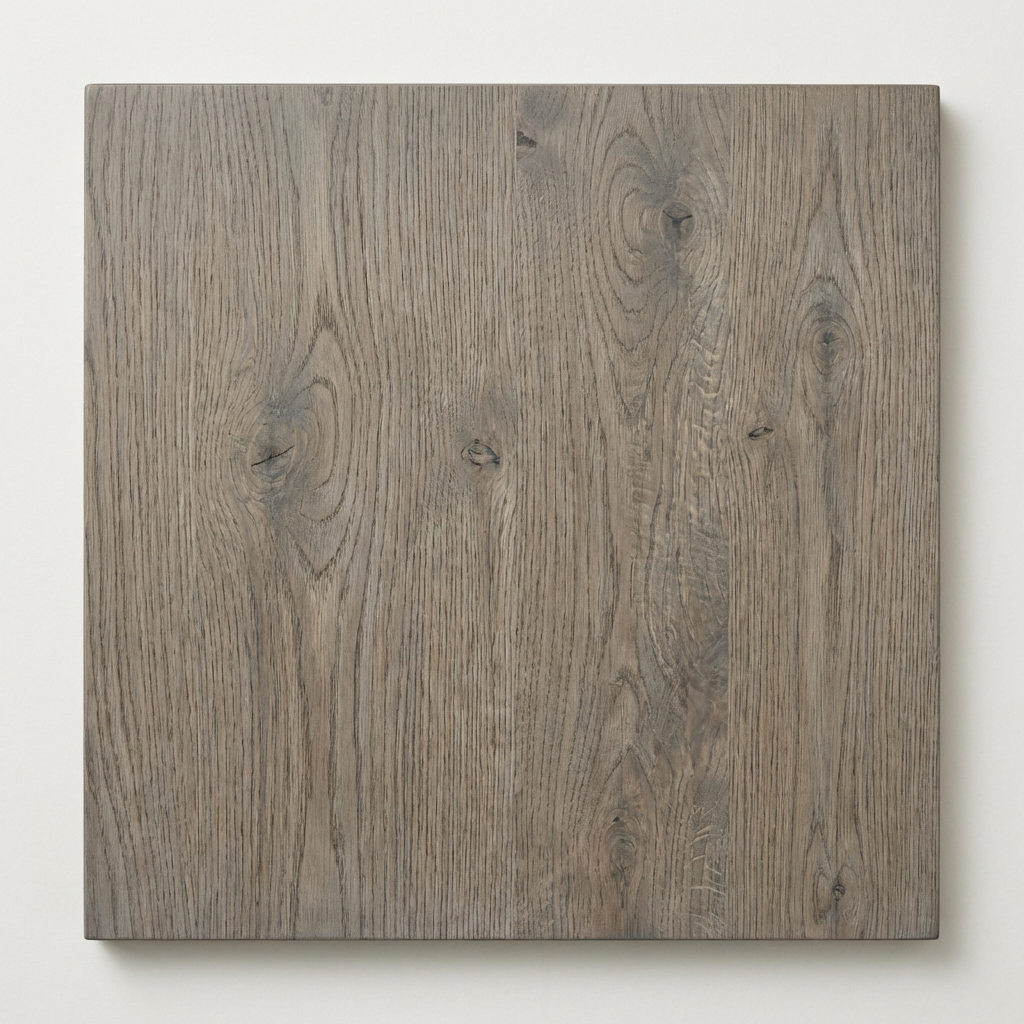 Driftwood Grey — solid oak swatch with weathered silvery grey-brown. coastal patina. uk 11,200/mo.